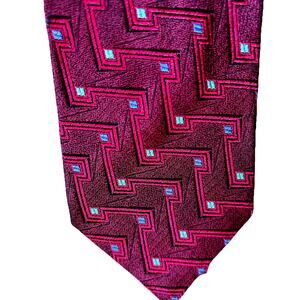 VTG LAZO Silk Necktie Italy Burgundy Metallic Geometric Retro Preppy Pattern 90s